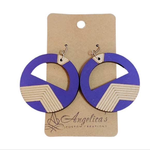 Hand Crafted Jewelry - Boho Chevron Purple Circle Wood Drop Earrings